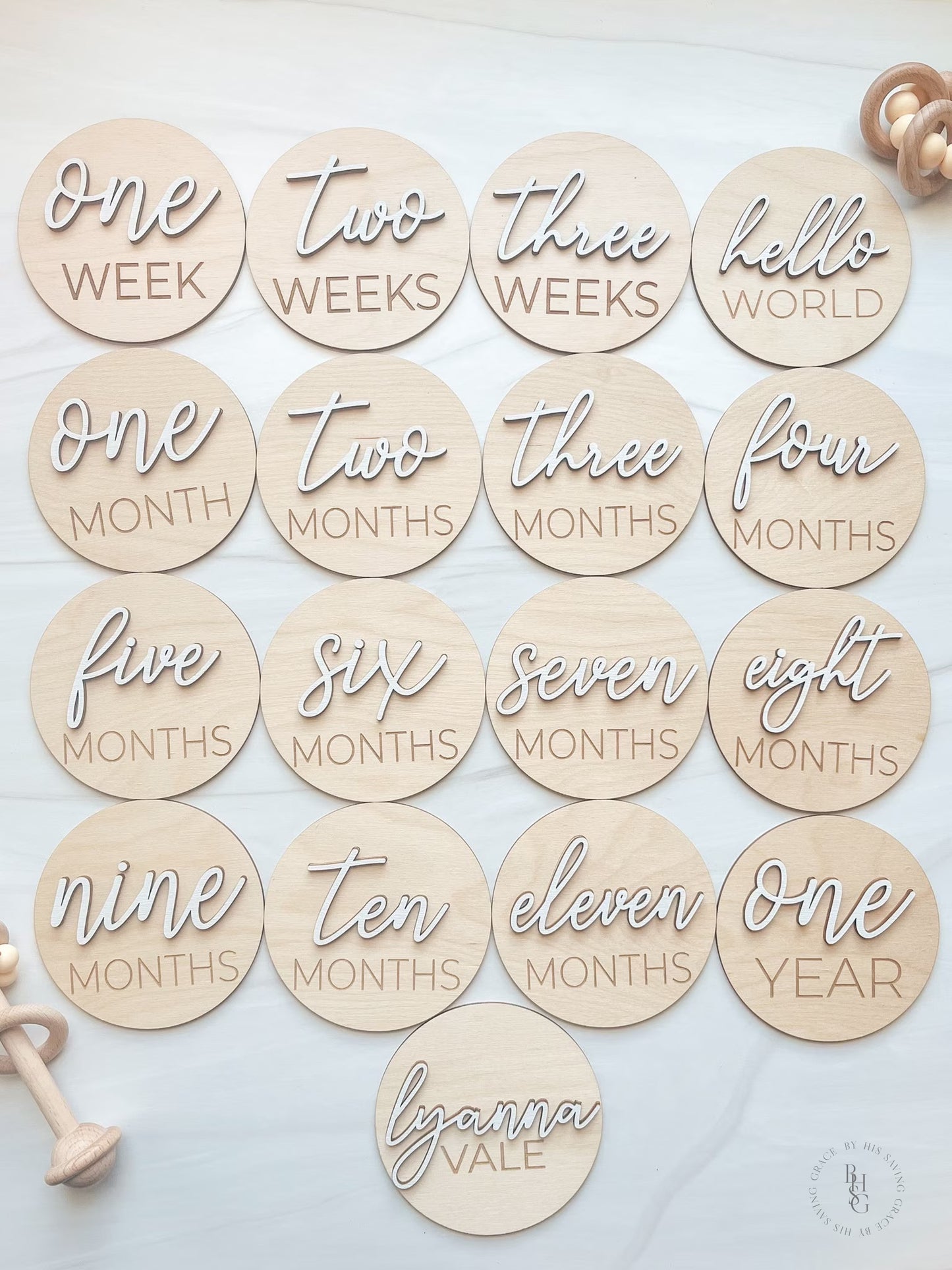 3D Wooden Monthly Milestone Discs For Baby Photos + Matching Nameplate