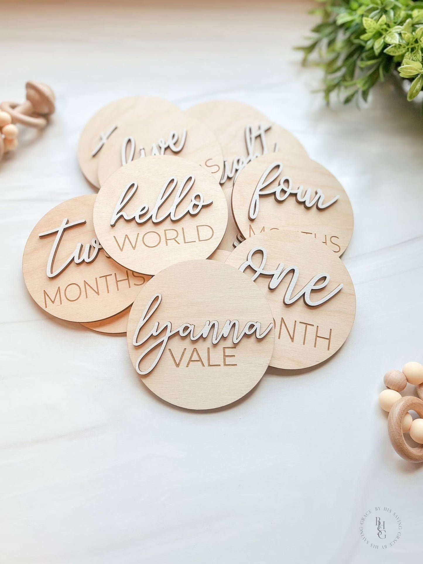 3D Wooden Monthly Milestone Discs For Baby Photos + Matching Nameplate