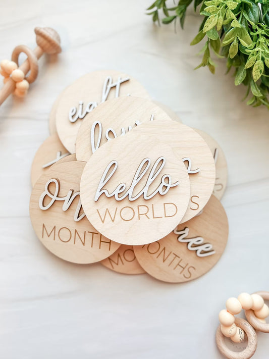 3D Wooden Monthly Milestone Discs For Baby Photos + Matching Nameplate