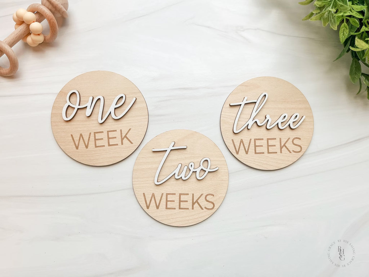 3D Wooden Monthly Milestone Discs For Baby Photos + Matching Nameplate