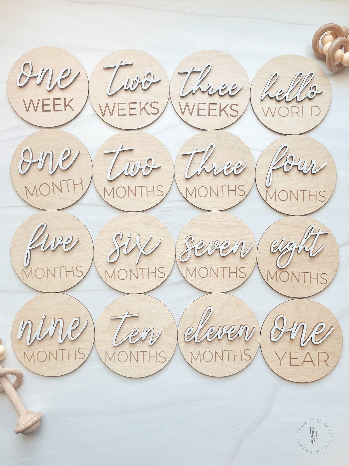 3D Wooden Monthly Milestone Discs For Baby Photos + Matching Nameplate