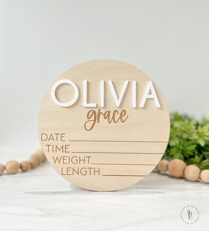 Wooden Baby Announcement Sign With Birth Stats + Footprint Sign with an Acrylic Name