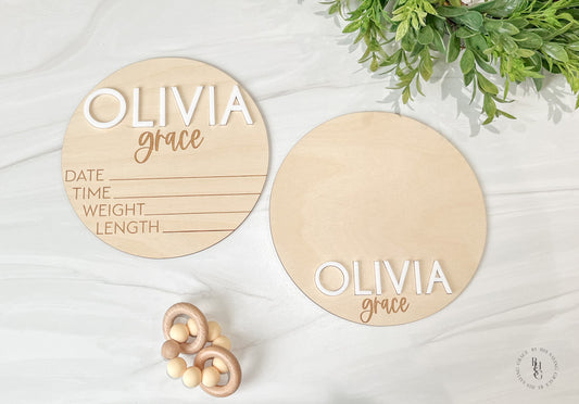 Wooden Baby Announcement Sign With Birth Stats + Footprint Sign with an Acrylic Name