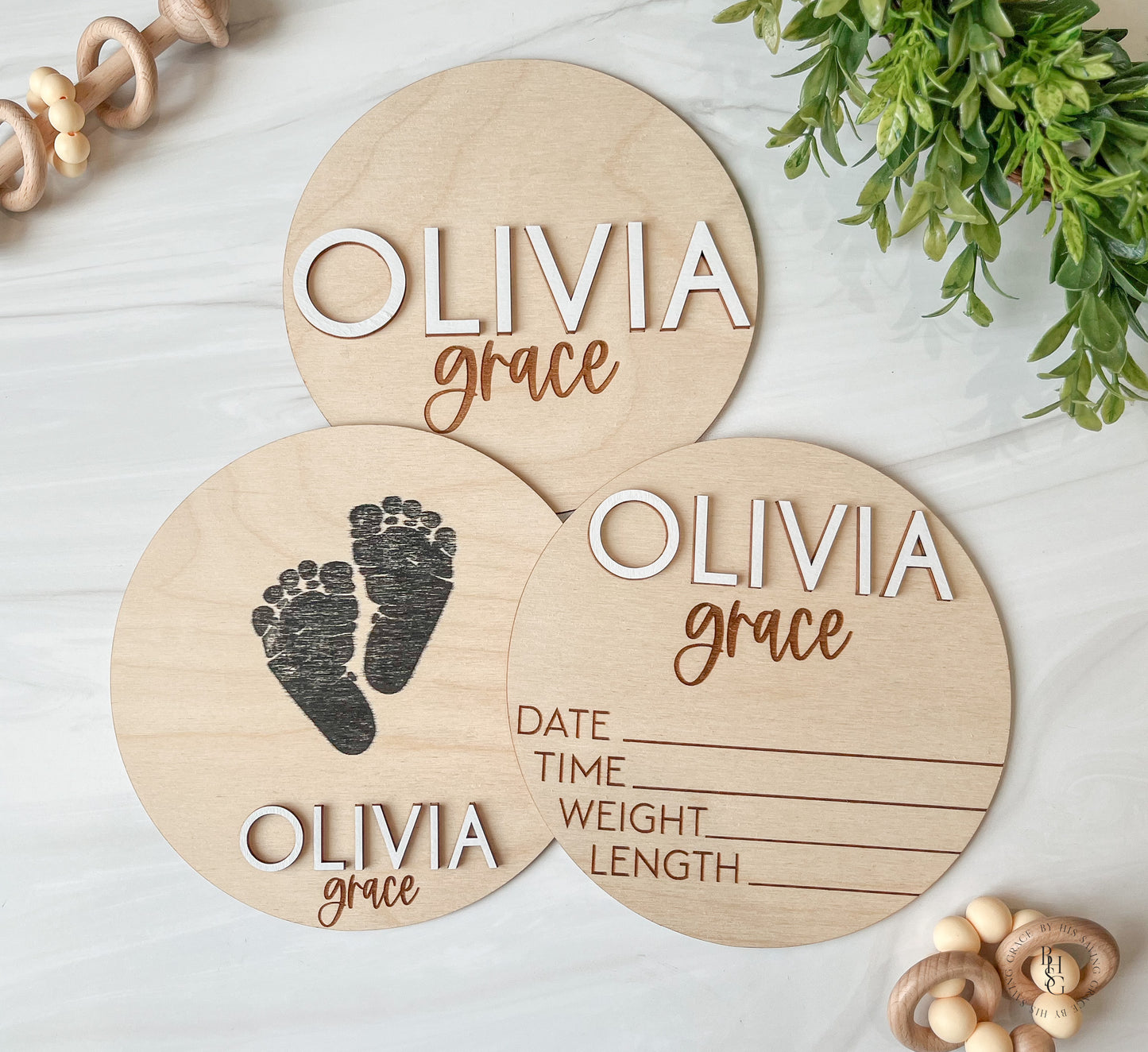 Wooden Baby Announcement Sign With Birth Stat, Footprint & Nameplate Signs