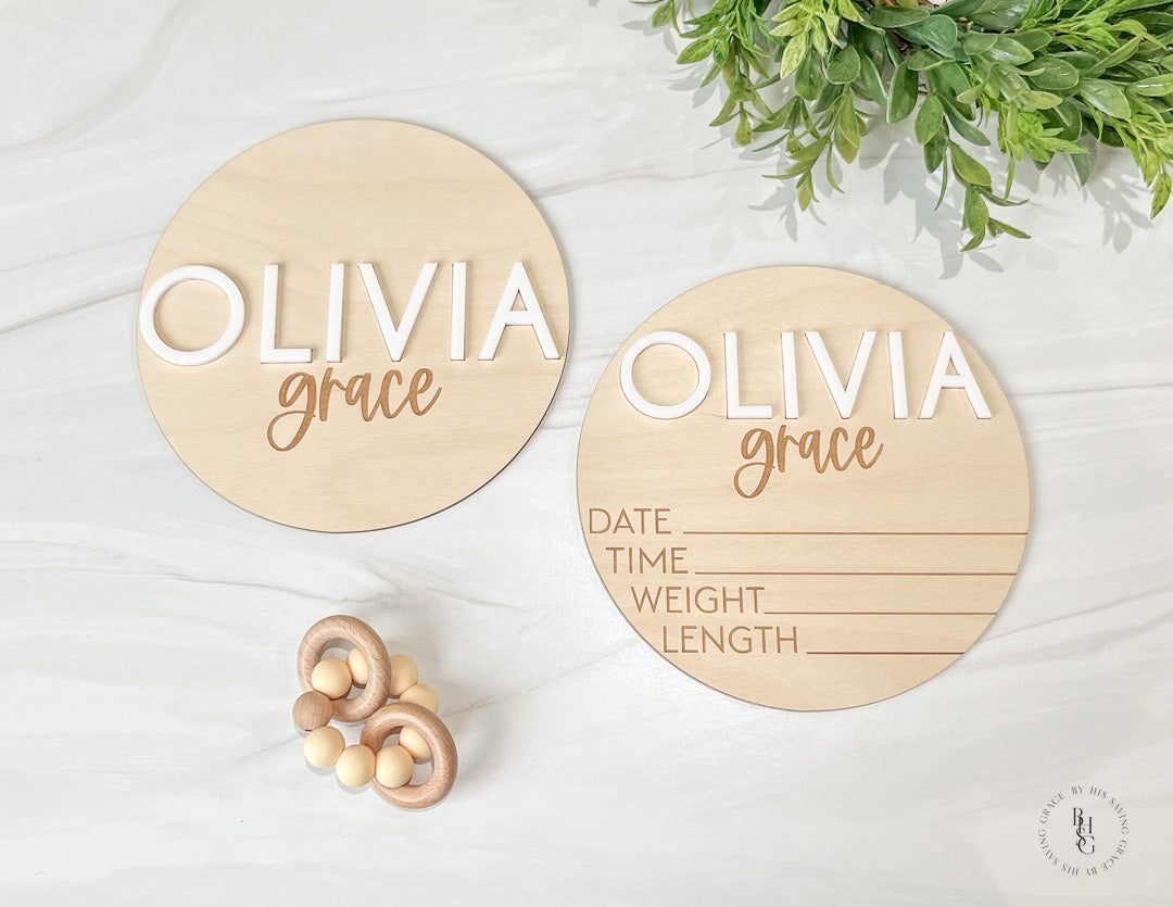 Wooden Baby Announcement Sign With Birth Stats + Nameplate Sign with an Acrylic Name