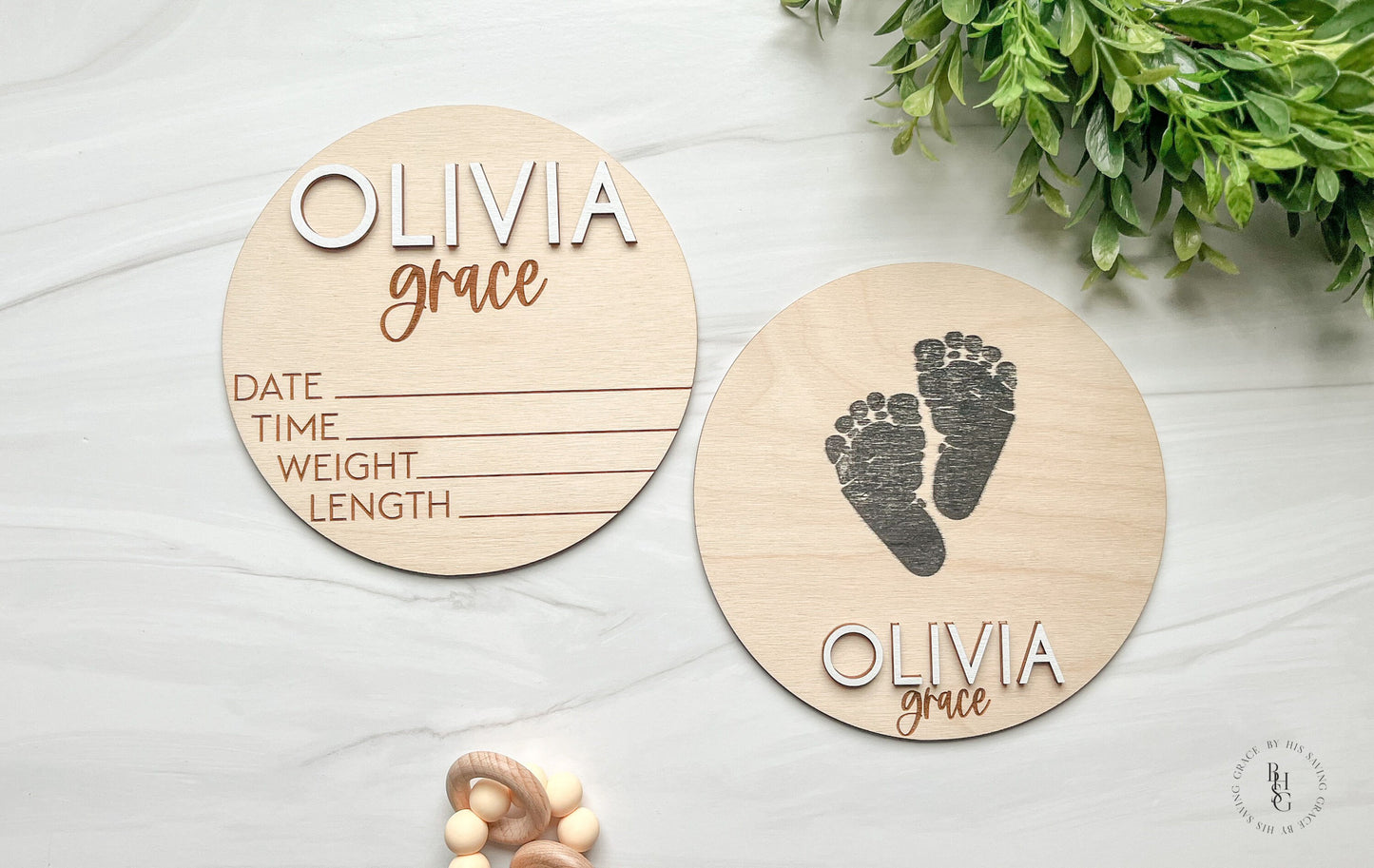 Wooden Baby Announcement Sign With Birth Stats + Footprint Sign