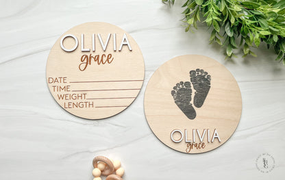 Wooden Baby Announcement Sign With Birth Stats + Footprint Sign