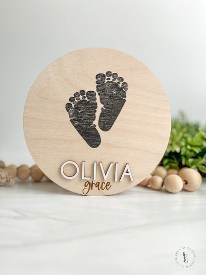 Wooden Baby Announcement Footprint Sign