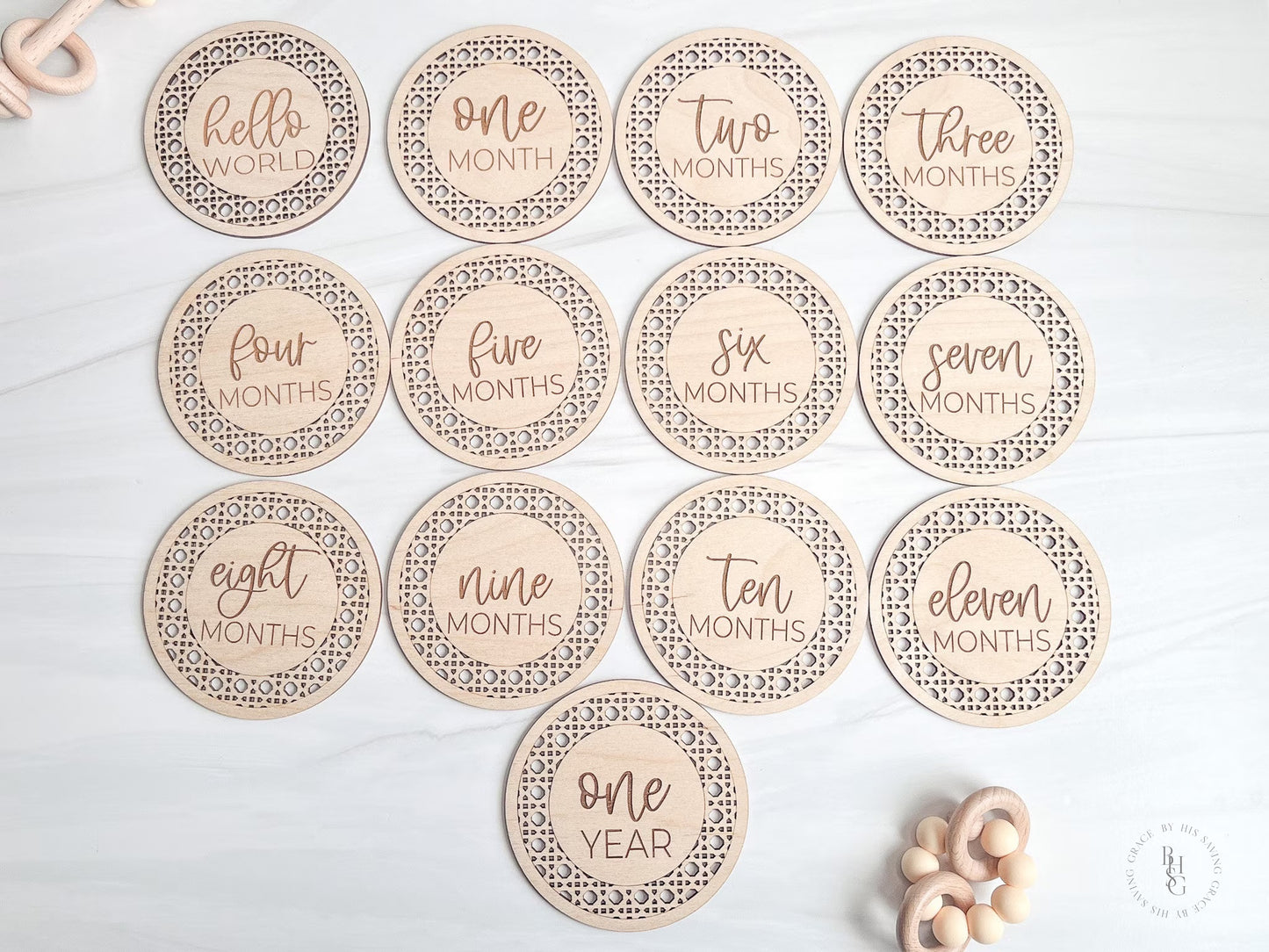 Boho Rattan Wooden Monthly Milestone Discs For Baby Photos + Matching Nameplate