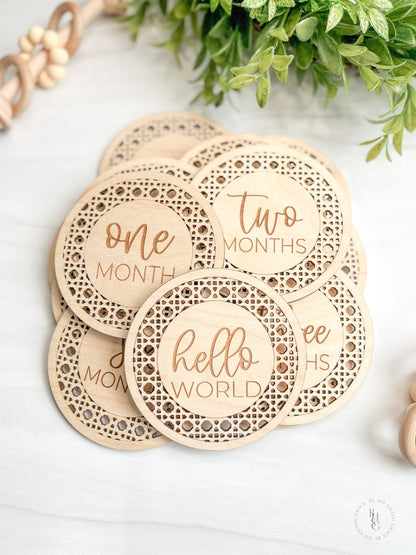 Boho Rattan Wooden Monthly Milestone Discs For Baby Photos + Matching Nameplate