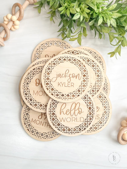 Boho Rattan Wooden Monthly Milestone Discs For Baby Photos + Matching Nameplate