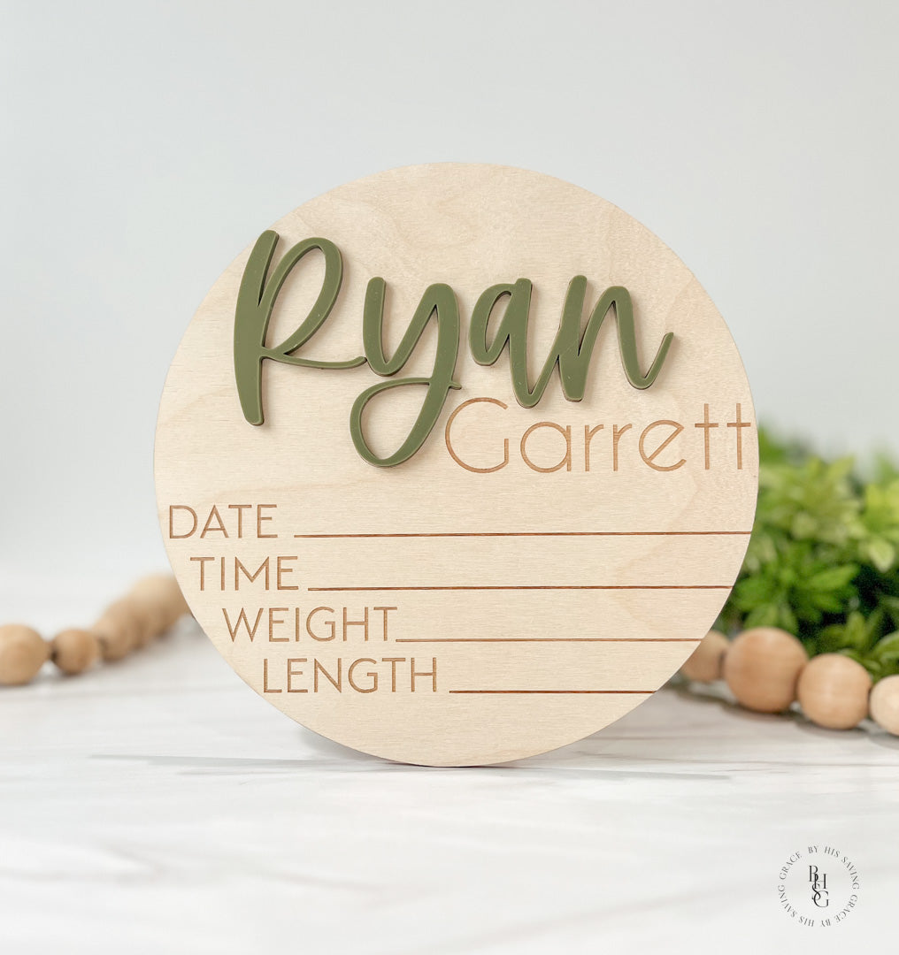 Wooden Baby Announcement Sign With Birth Stats + Footprint Sign with an Acrylic Name