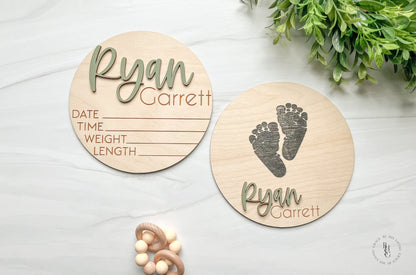 Wooden Baby Announcement Sign With Birth Stats + Footprint Sign