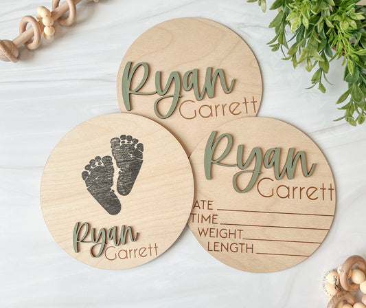 Wooden Baby Announcement Sign With Birth Stat, Footprint & Nameplate Signs