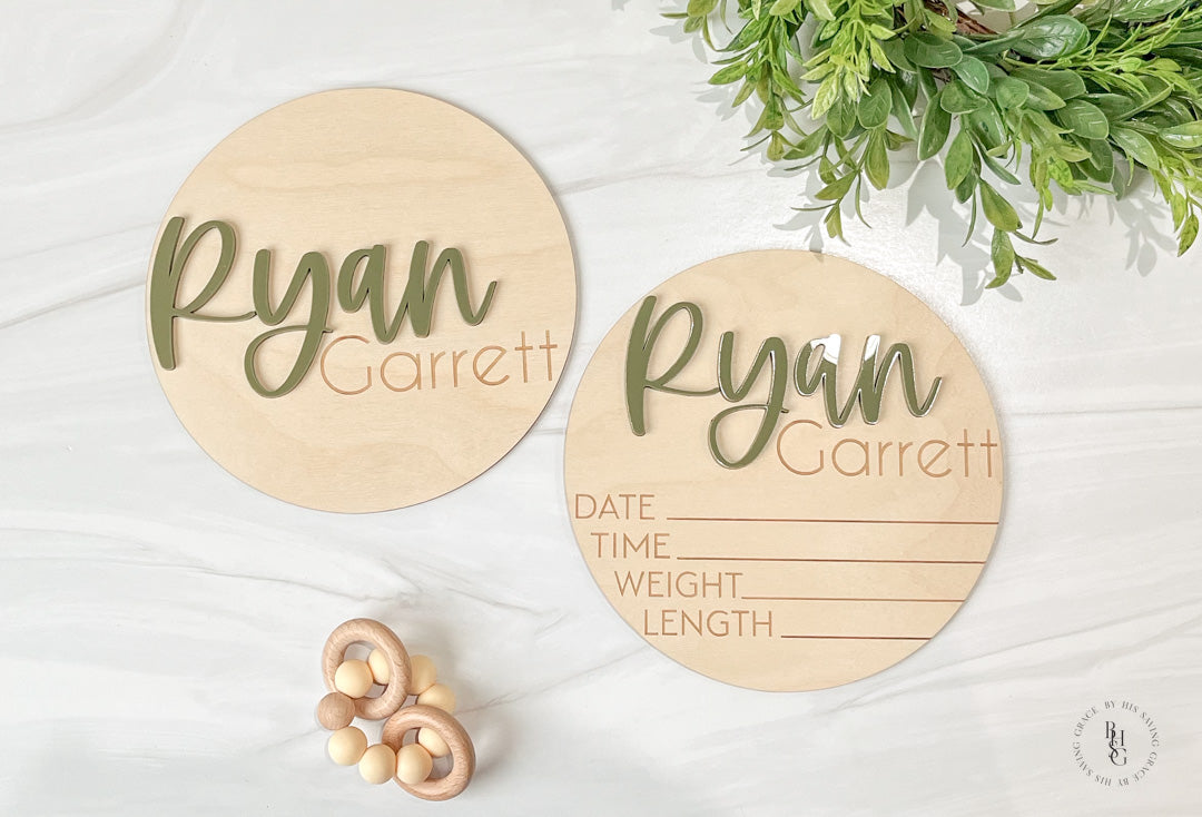 Wooden Baby Announcement Sign With Birth Stats + Nameplate Sign with an Acrylic Name