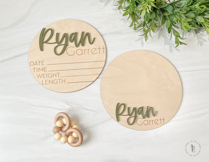 Wooden Baby Announcement Sign With Birth Stats + Footprint Sign with an Acrylic Name