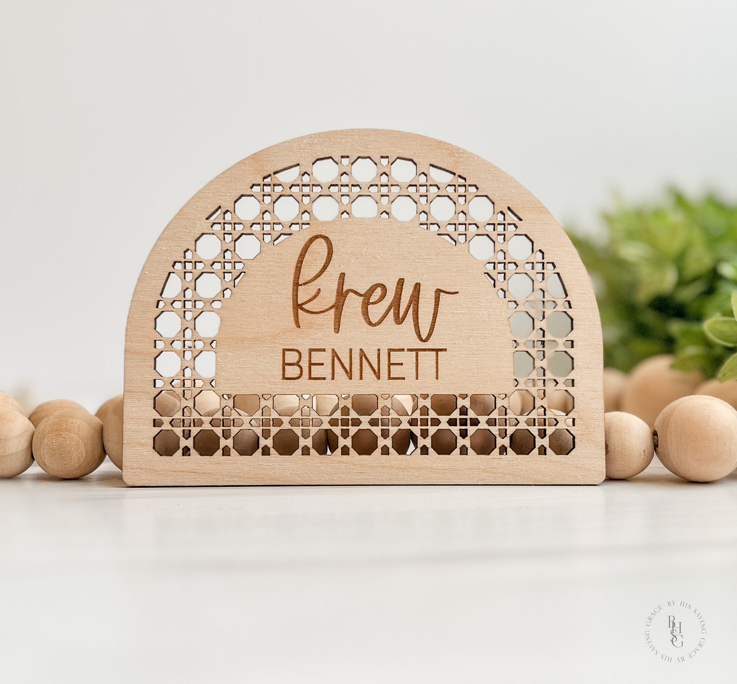 Wooden Boho Rattan Arch Baby Name Announcement Sign