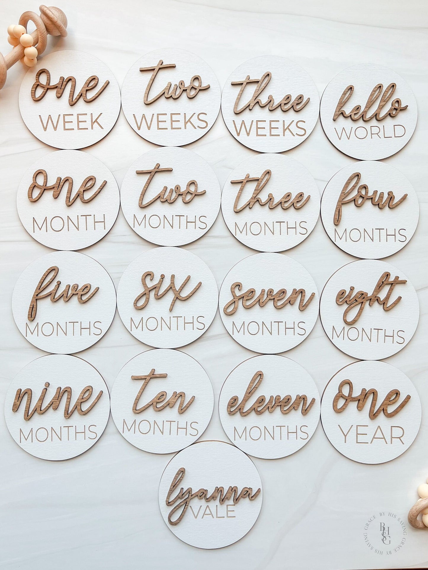 3D Wooden Monthly Milestone Discs For Baby Photos + Matching Nameplate