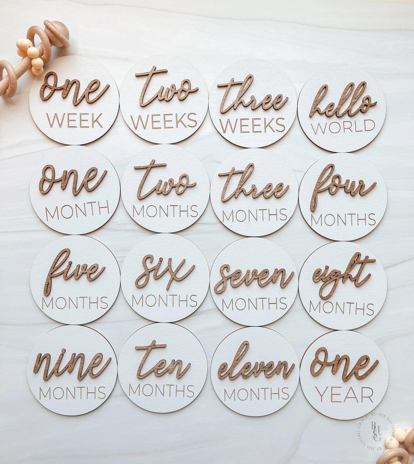 3D Wooden Monthly Milestone Discs For Baby Photos + Matching Nameplate