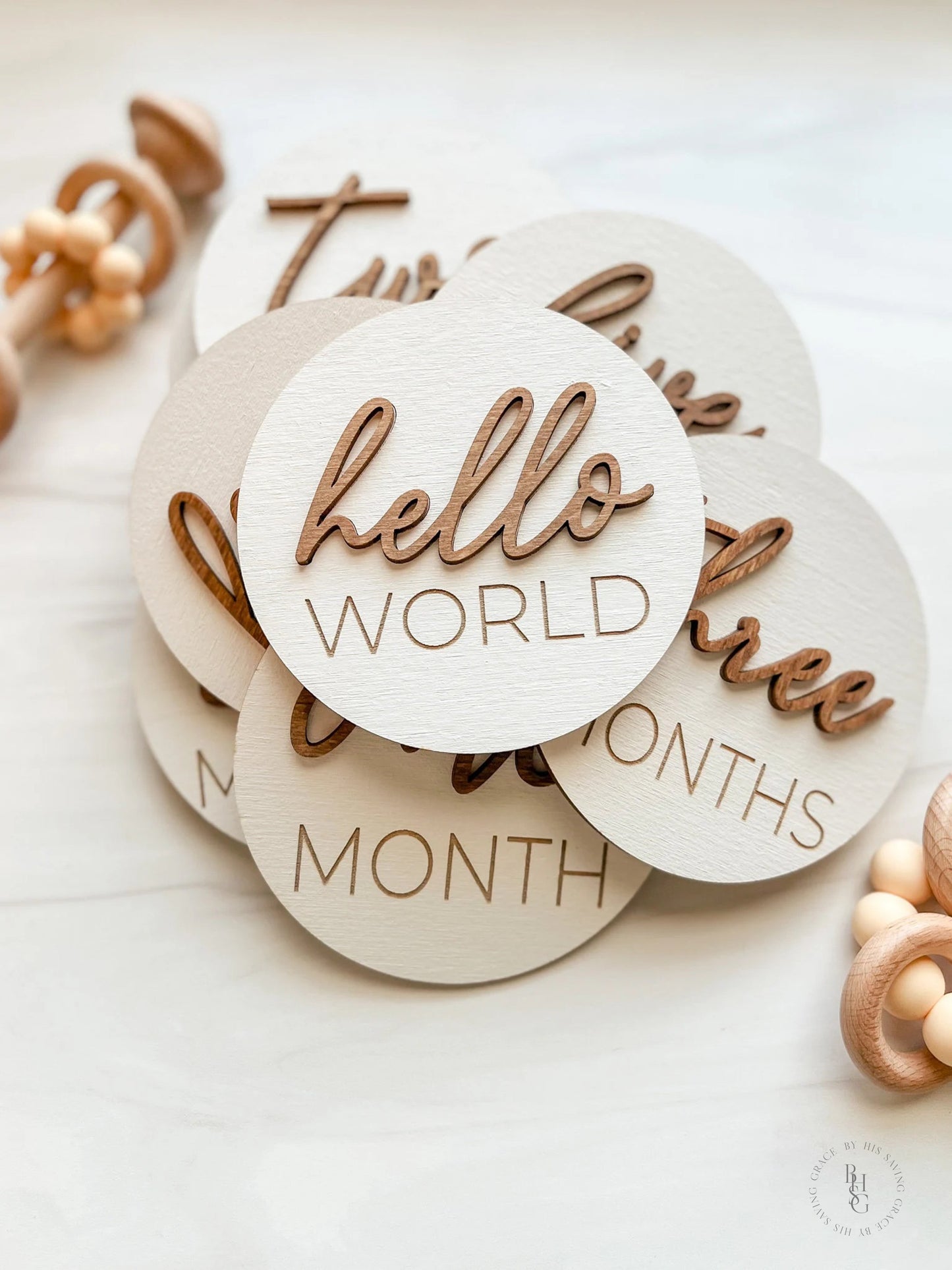 3D Wooden Monthly Milestone Discs For Baby Photos + Matching Nameplate