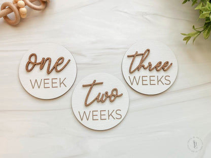 3D Wooden Monthly Milestone Discs For Baby Photos + Matching Nameplate