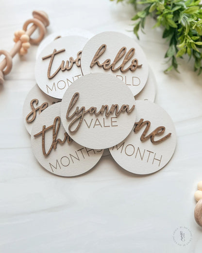 3D Wooden Monthly Milestone Discs For Baby Photos + Matching Nameplate