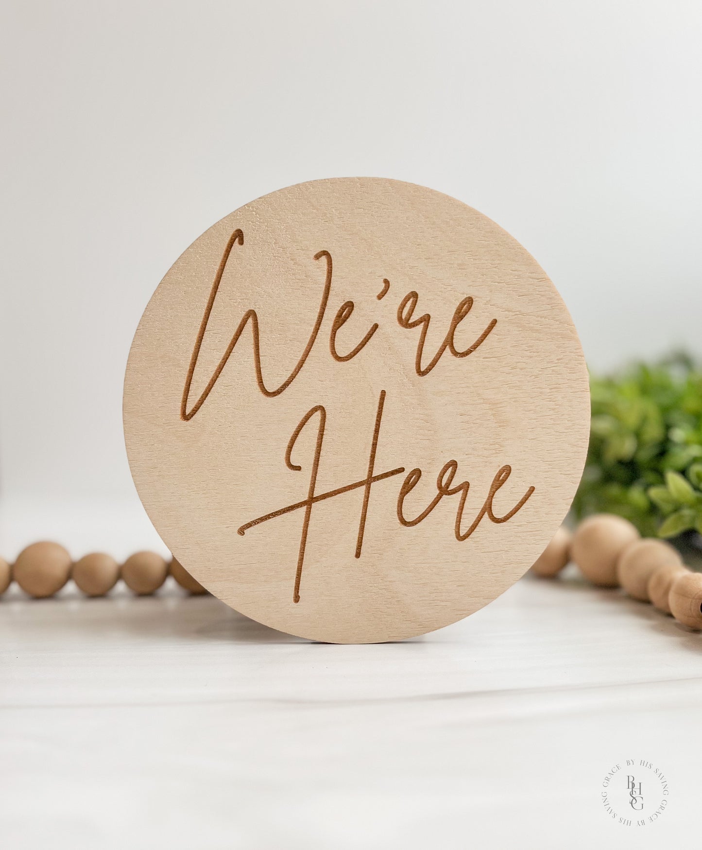 Wooden Double or Single Sided He's Here, She's Here, I'm Here, We're Here Birth Announcement