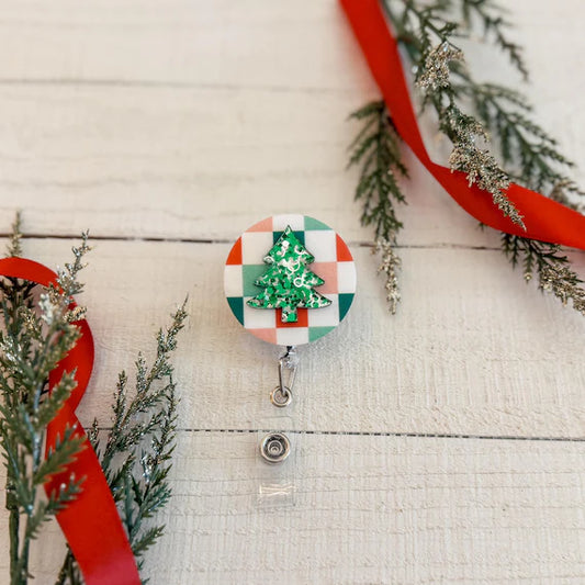 Festive Christmas Patterned Badge Reel with Glitter Green Christmas Tree
