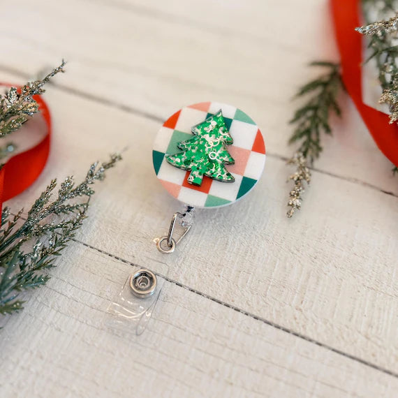 Festive Christmas Patterned Badge Reel with Glitter Green Christmas Tree