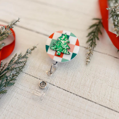 Festive Christmas Patterned Badge Reel with Glitter Green Christmas Tree
