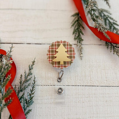 Classic Christmas Patterned Badge Reel with Metallic Christmas Tree