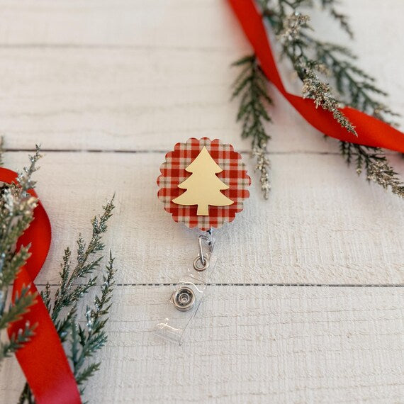 Classic Christmas Patterned Badge Reel with Metallic Christmas Tree