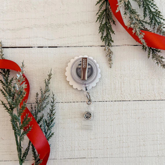 Classic Christmas Patterned Badge Reel with Metallic Christmas Tree