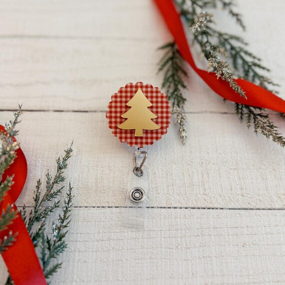 Classic Christmas Patterned Badge Reel with Metallic Christmas Tree