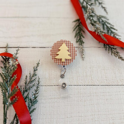 Classic Christmas Patterned Badge Reel with Metallic Christmas Tree