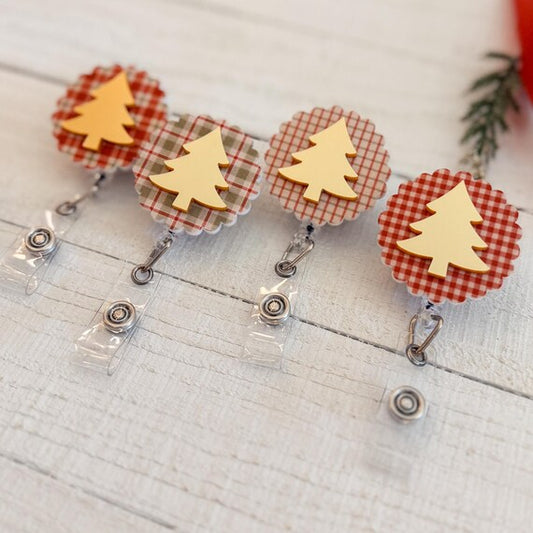 Classic Christmas Patterned Badge Reel with Metallic Christmas Tree