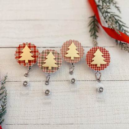 Classic Christmas Patterned Badge Reel with Metallic Christmas Tree