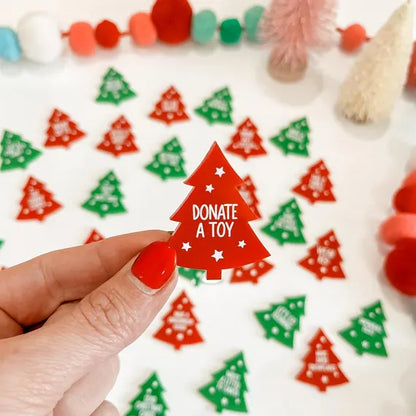 Christmas bucket list tokens, red and green acrylic trees with printed activities