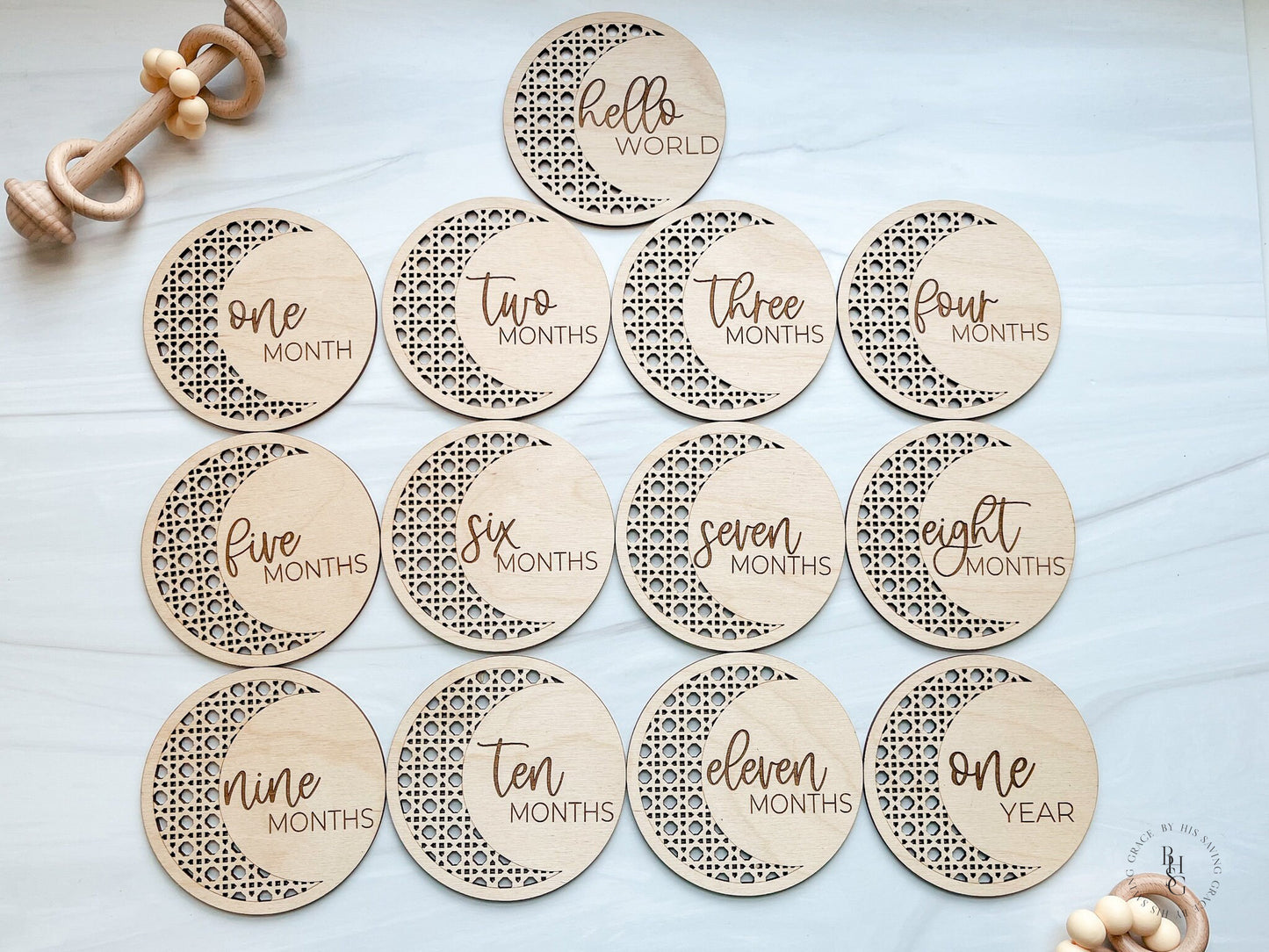 Boho Rattan Moon Wooden Monthly Milestone Discs For Baby Photos + Matching Nameplate