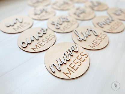 Spanish 3D Wooden Monthly Milestone Discs For Baby Photos + Matching Nameplate