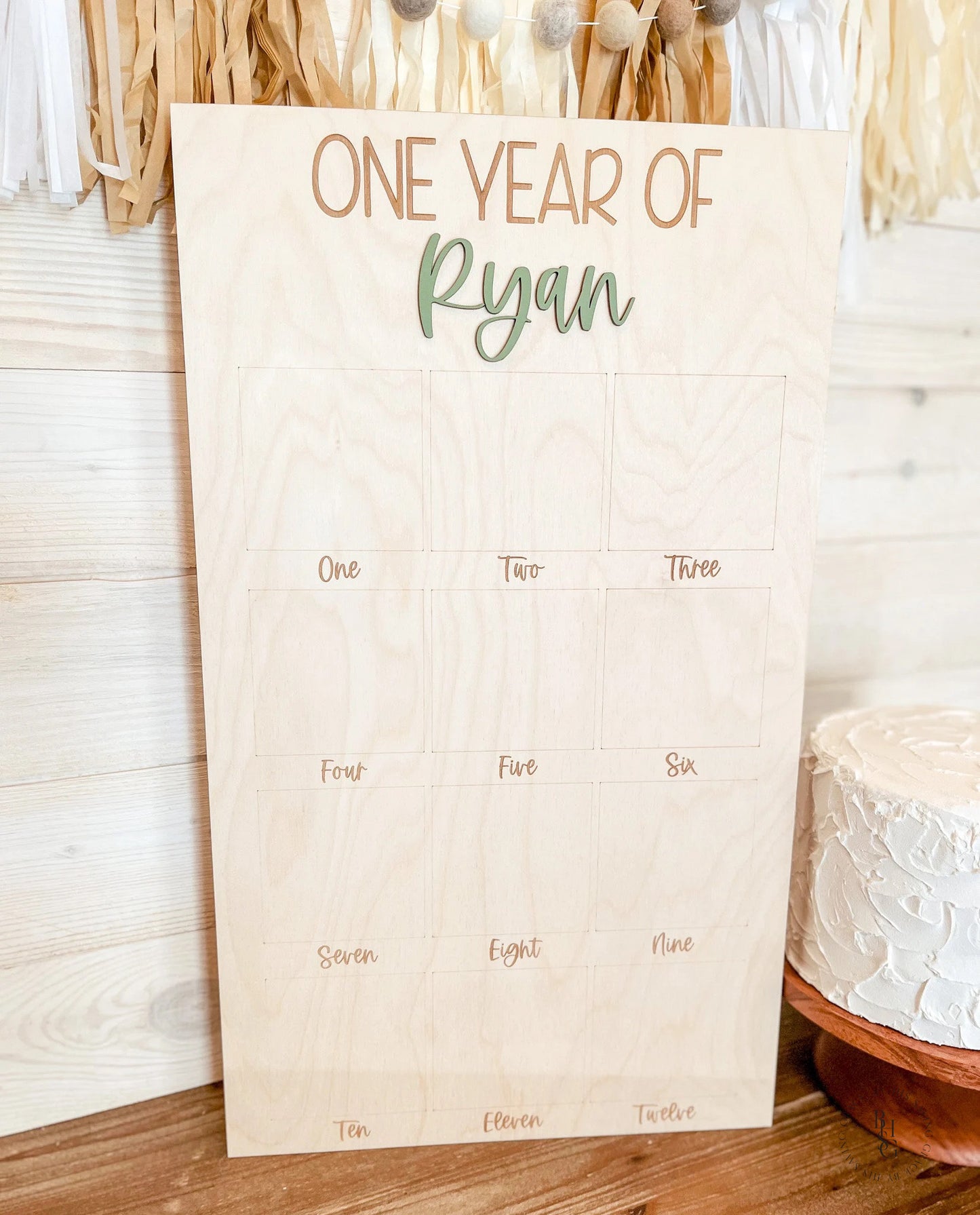 Wooden One Year Of "Your Name" Birthday Photo Board