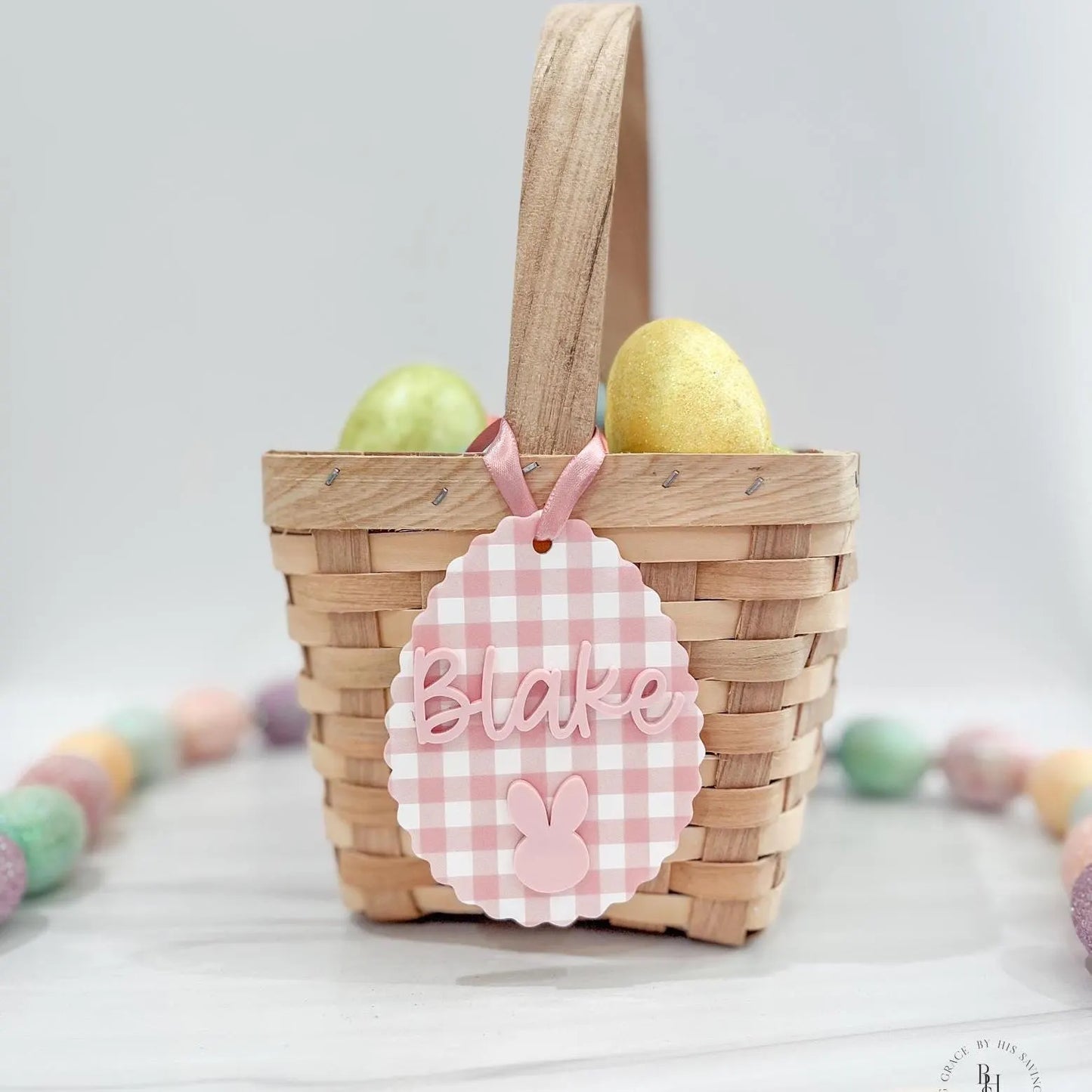 Personalized Easter Basket Tag with Plaid Pattern