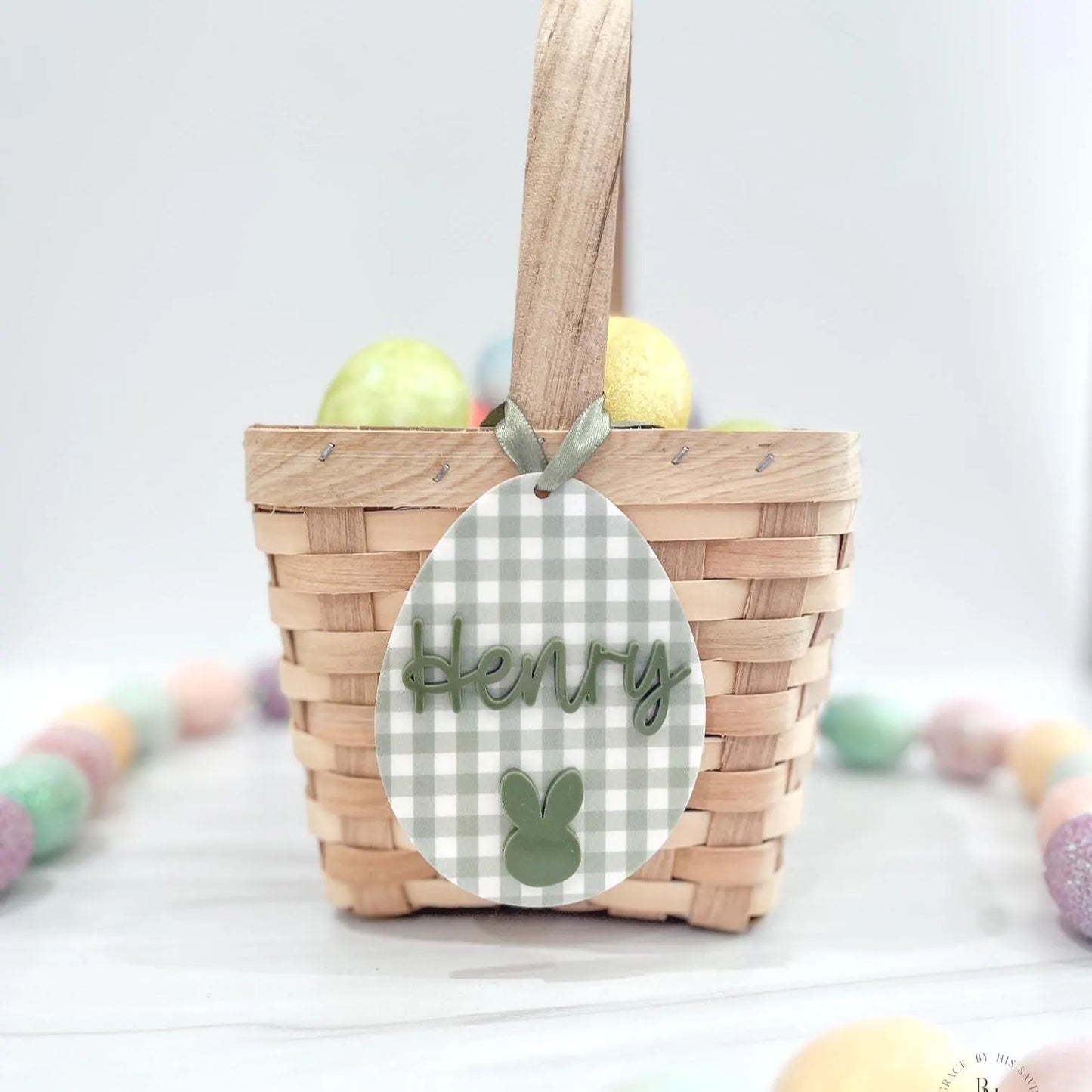 Personalized Easter Basket Tag with Plaid Pattern