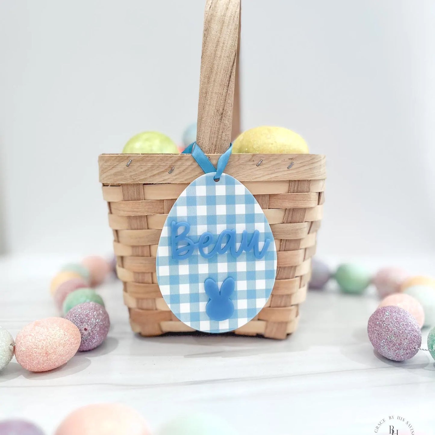 Personalized Easter Basket Tag with Plaid Pattern