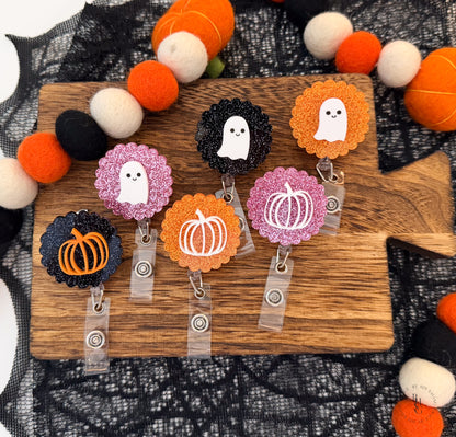 Glitter Ghost Or Pumpkin Badge Reel